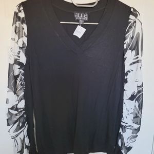 Atina Christina Black Blouse with Floral Sleeves